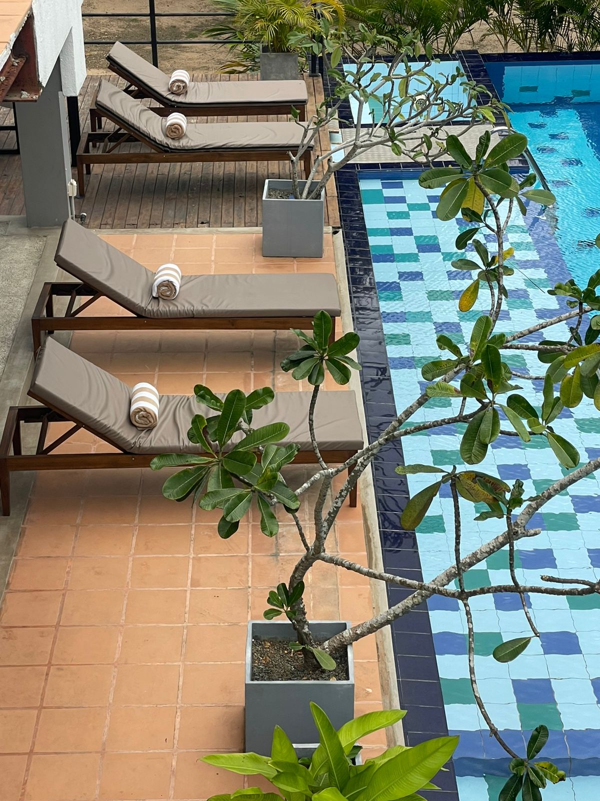 Pool Deck with sun loungers - Ko Lake Villa boutique lakefront accommodation on Koggala Lake Sri Lanka: Relax by the lap pool with wet deck to keep cool on balmy warmy days or cool nights