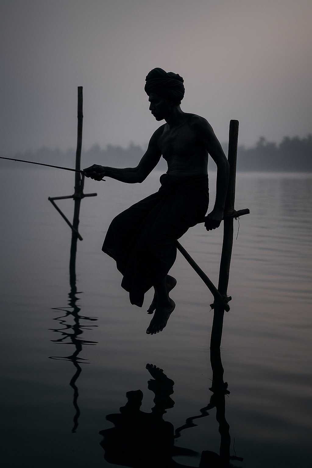 Sri Lankan Stilt Fisherman Silhouette at Dawn - Ko Lake Villa boutique lakefront accommodation on Koggala Lake Sri Lanka: Captivating AI silhouette of a traditional stilt fisherman in Sri Lanka. Serene dawn hues, cultural heritage & tranquil waters.