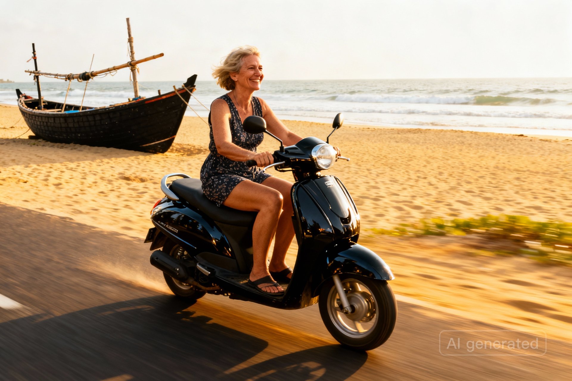A smiling woman on a black scooter rides along a coastal road with a sandy beach, traditional fishing boat, and ocean in the background at sunset.
