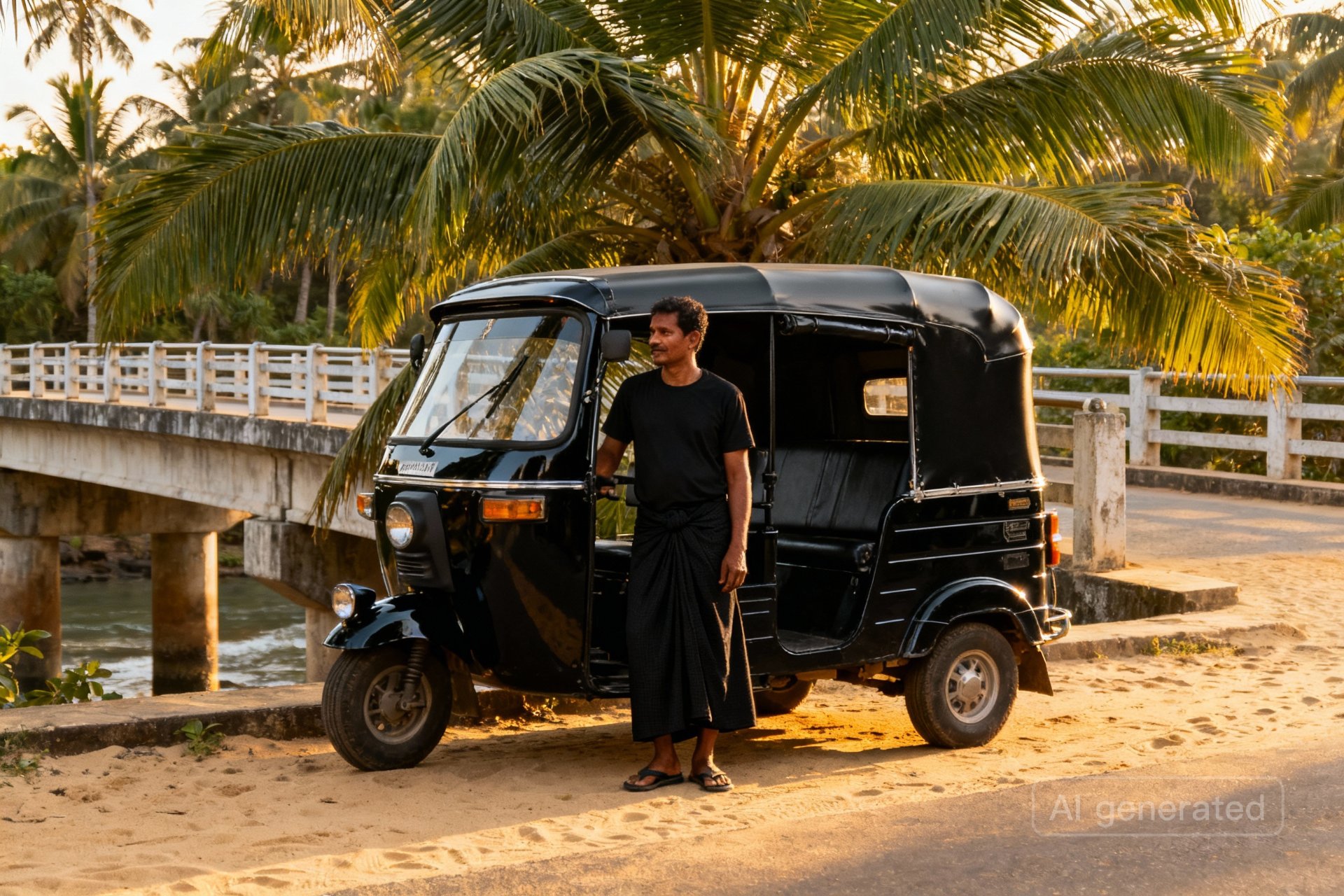 A local Sri Lankan man in a black sarong stands proudly beside his black tuk-tuk, parked on a sandy path under palm trees near a bridge, bathed in golden hour light.