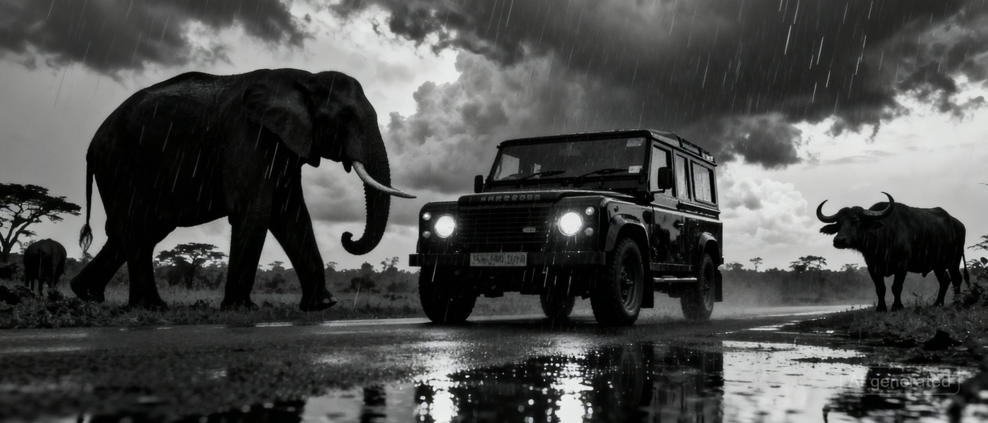 Visualisation of Wildlife in Rain: Elephant, Car, Buffalo - Ko Lake Villa boutique lakefront accommodation on Koggala Lake Sri Lanka: Dramatic black and white photo of an elephant, Land Rover, and buffalo on a rainy day. African safari adventure. Nature's power.