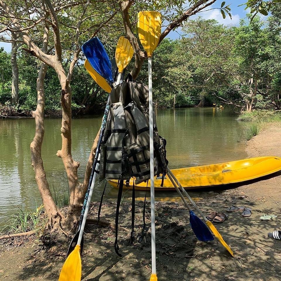 Kayaking Adventure Prep: Paddles, Life Vests - Ko Lake Villa boutique lakefront accommodation on Koggala Lake Sri Lanka: Ready for kayaking! Yellow kayak, colorful paddles, and life vests by scenic waters. Perfect for outdoor sports & nature lovers.