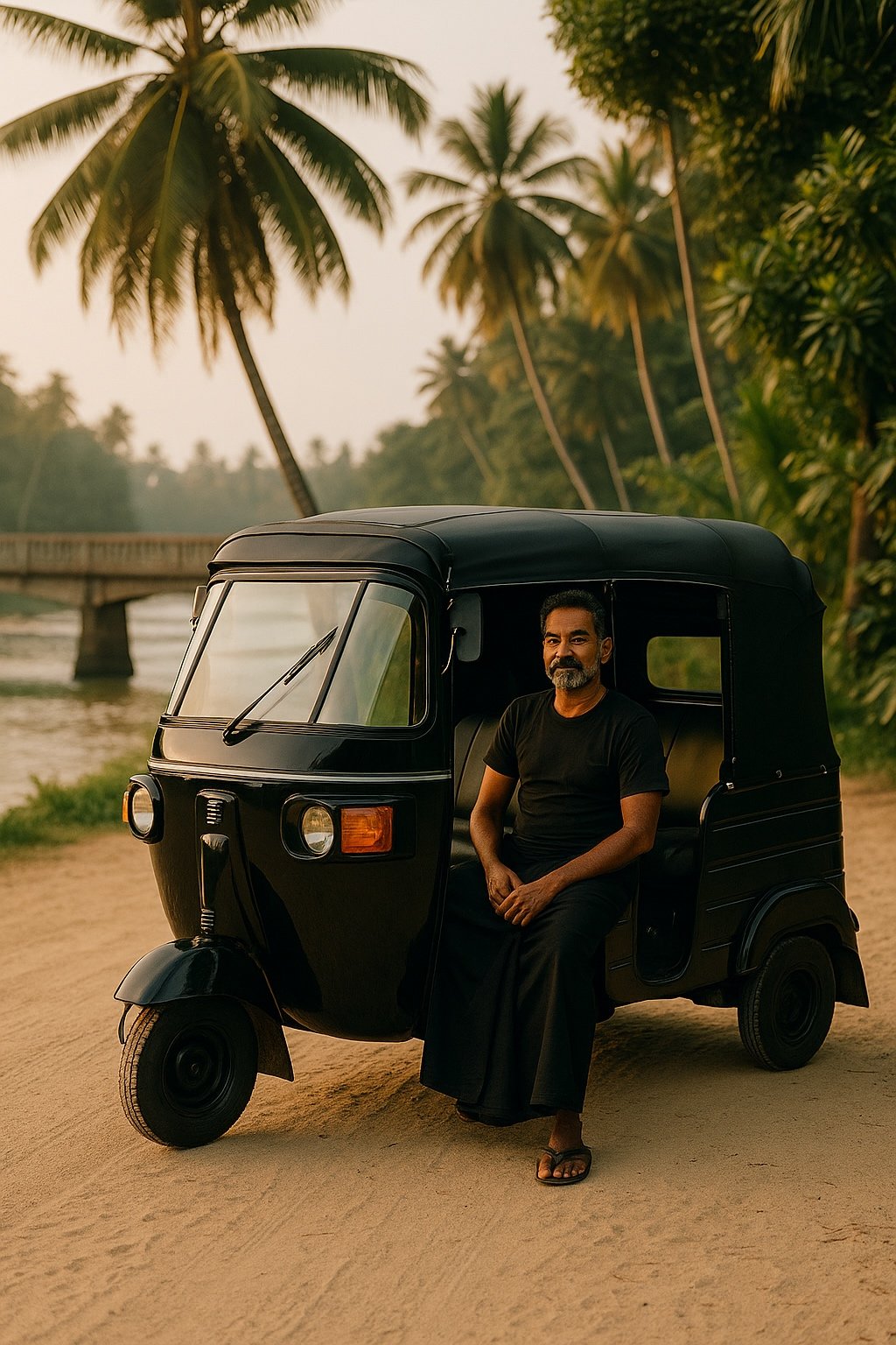 Man with Black Tuk-Tuk in Tropical Paradise - Ko Lake Villa boutique lakefront accommodation on Koggala Lake Sri Lanka: Explore tropical landscapes with a man posing next to a sleek black tuk-tuk. Palm trees, river, and bridge create a serene travel backdrop.