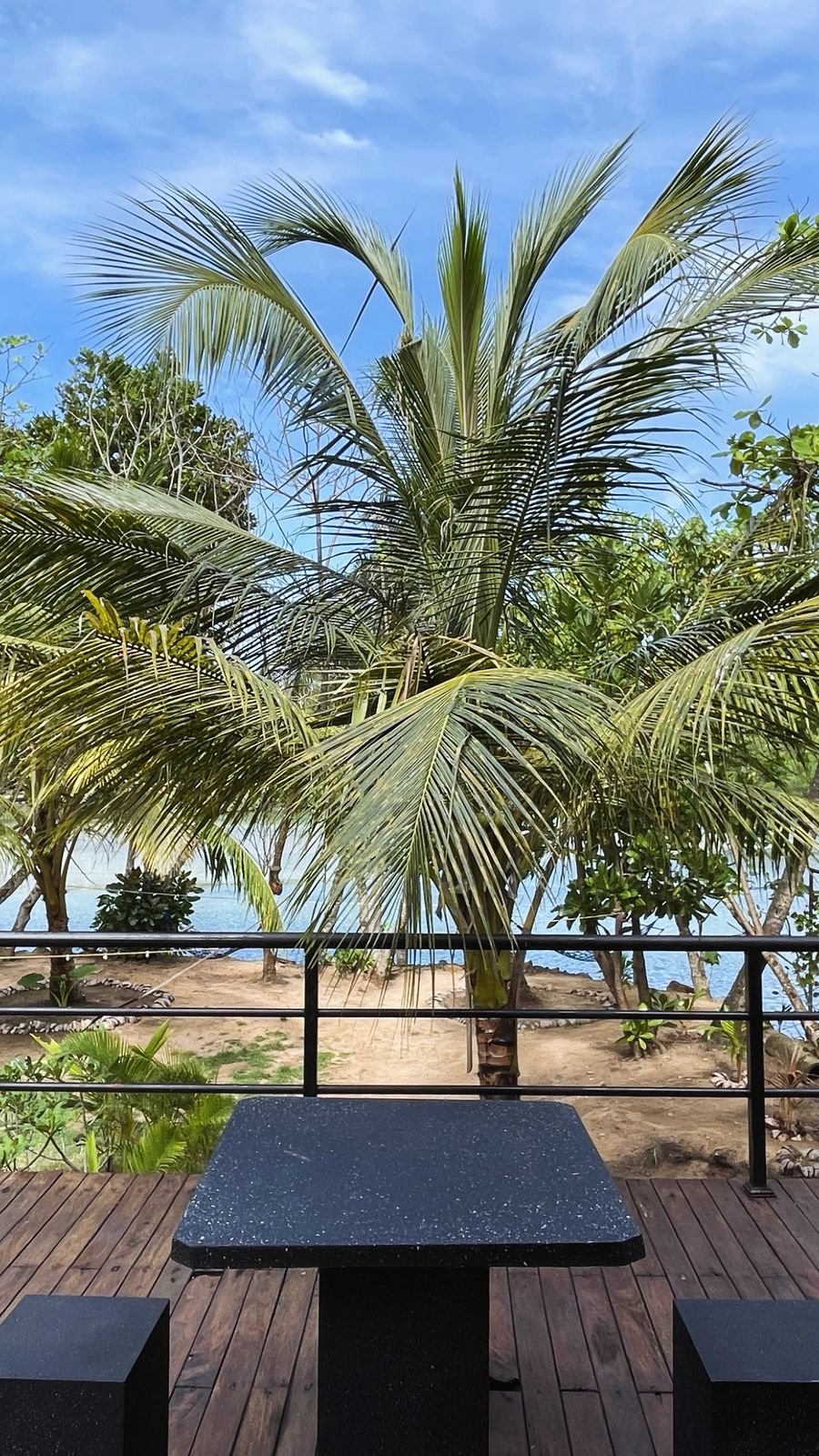 View from Ko Lake Villa balcony overlooking Koggala Lake, featuring a black table and chairs, wooden deck, and lush palm trees under a blue sky.