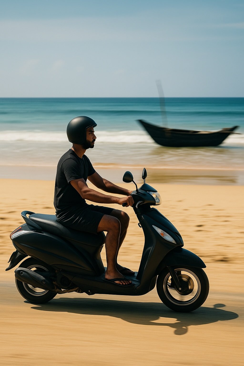 Visualisation Black Friday Man Riding Black Scooter on Sunny Beach - Ko Lake Villa boutique lakefront accommodation on Koggala Lake Sri Lanka: Explore coastal roads! A man in a black helmet rides a black scooter on a sunny beach with the ocean and a boat in the background. Perfect for travel & adventure.