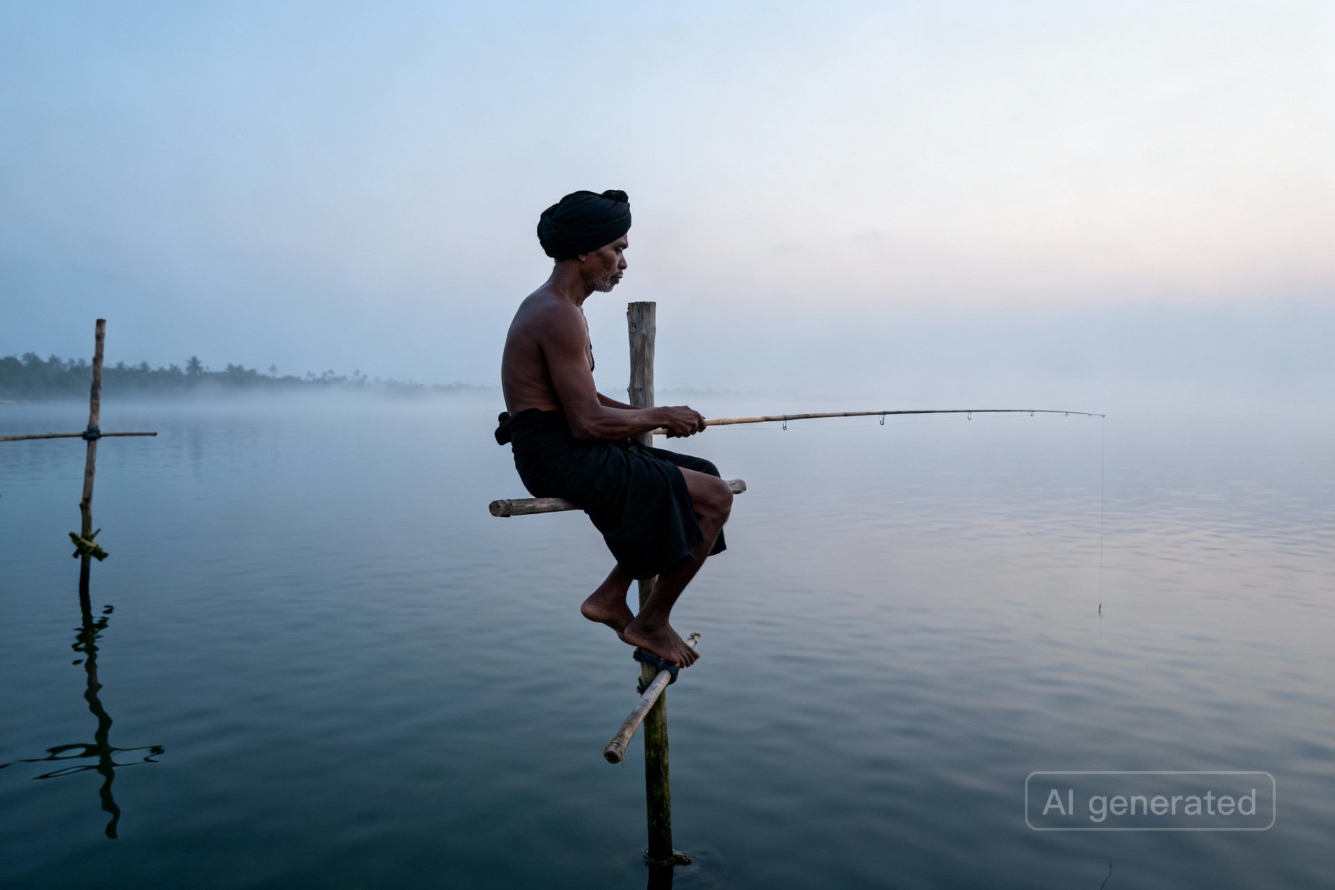 Sri Lankan Stilt Fisherman: Traditional Fishing Method - Ko Lake Villa boutique lakefront accommodation on Koggala Lake Sri Lanka: Experience the timeless tradition of stilt fishing in Sri Lanka. A local fisherman sits patiently on a stilts, casting his line into misty waters.
