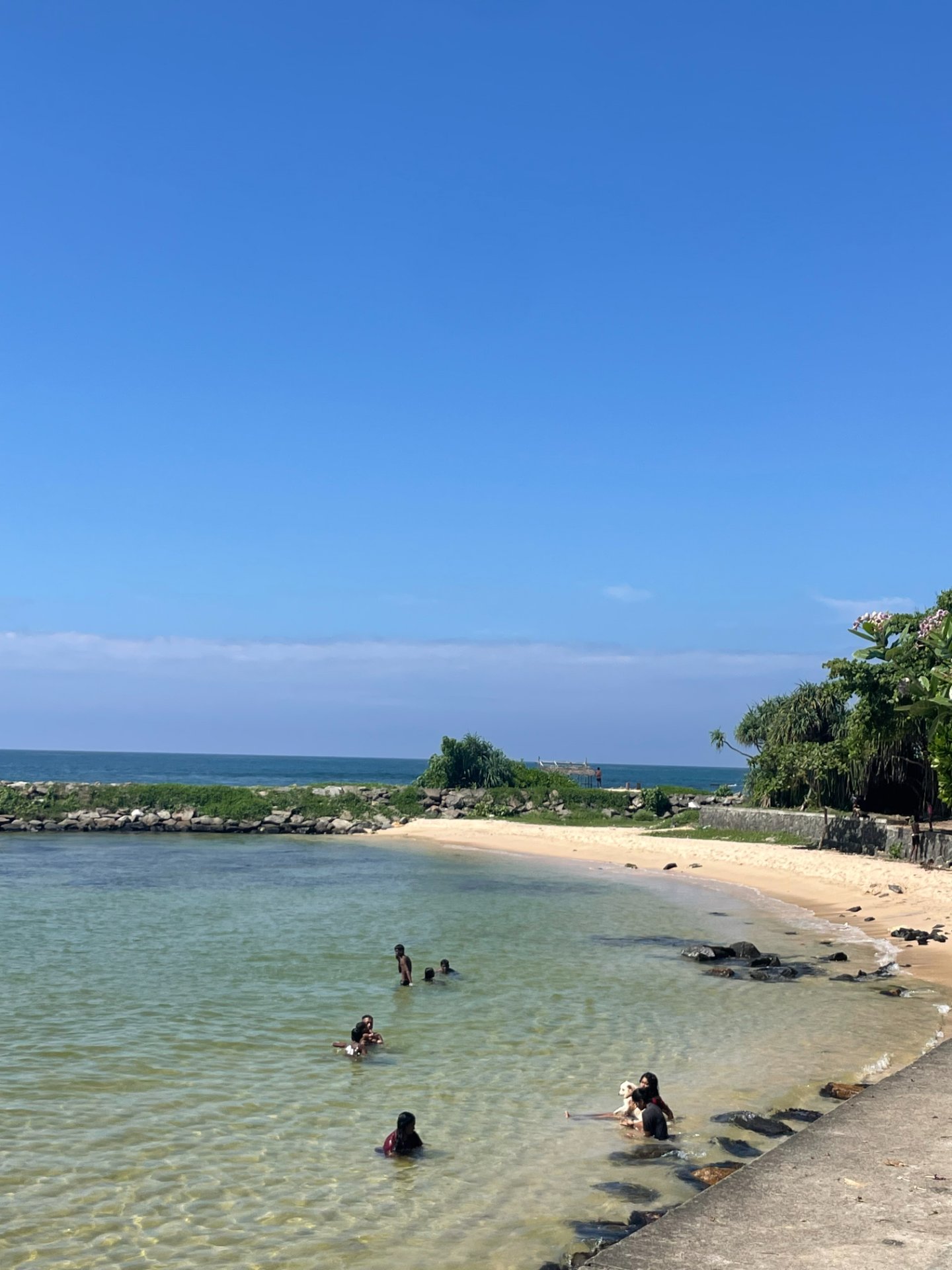 People swimming and relaxing in the shallow, clear waters of a beach inlet with golden sand and lush green foliage under a bright blue sky.
