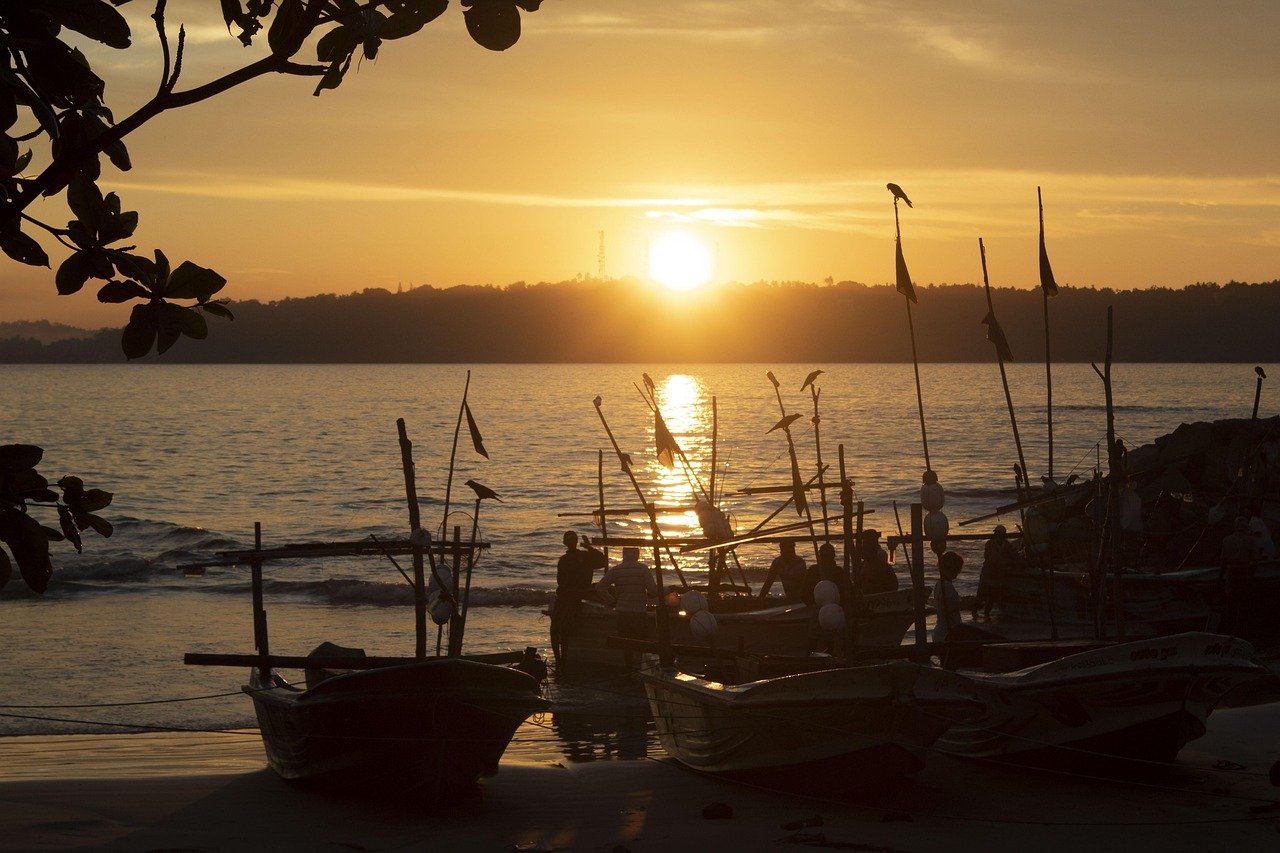 Typical evening : golden sunset over Fishing Boats - Ko Lake Villa boutique lakefront accommodation on Koggala Lake Sri Lanka: Stunning golden hour sunset with working fishermen silhouetted fishing boats. Why not ask the staff to help purchase fish supper